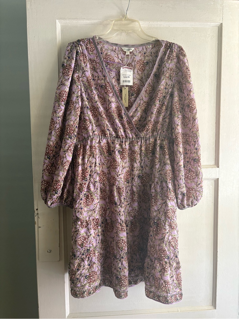 NWT Max Studio London short boho peasant style dress in lavender floral Sz L